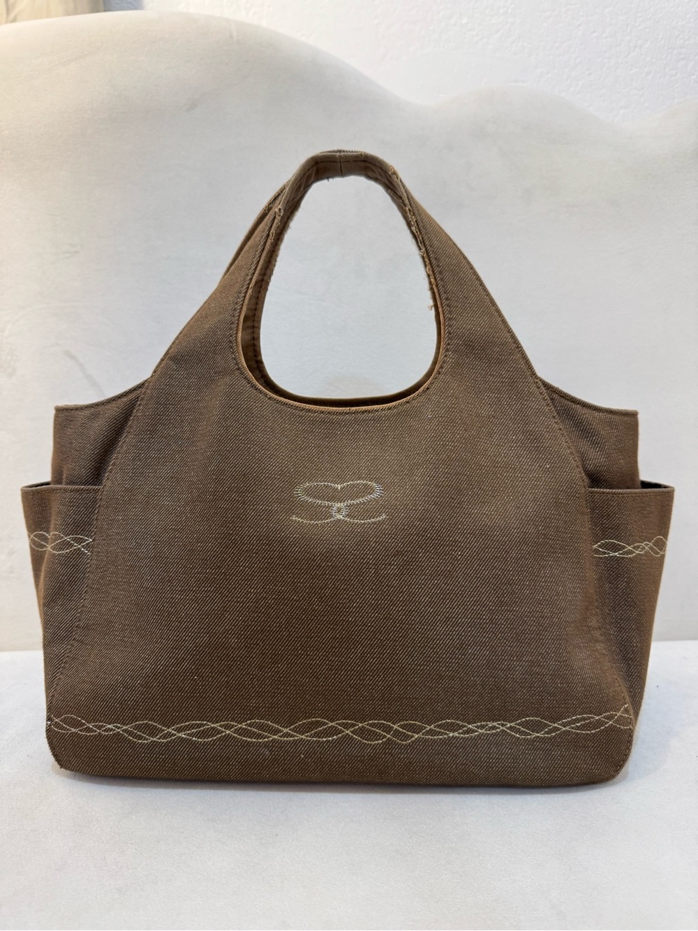 Savoy Denim Hand Bag with Gold Embroidered Logo & Pattern | Vintage Y2K Style